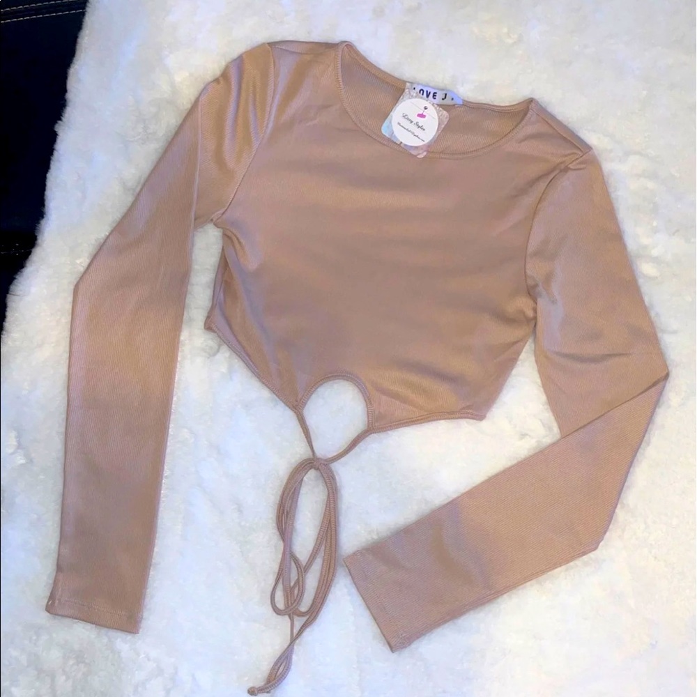Nude Structured Rib Tie Waist Long Sleeve Crop Top